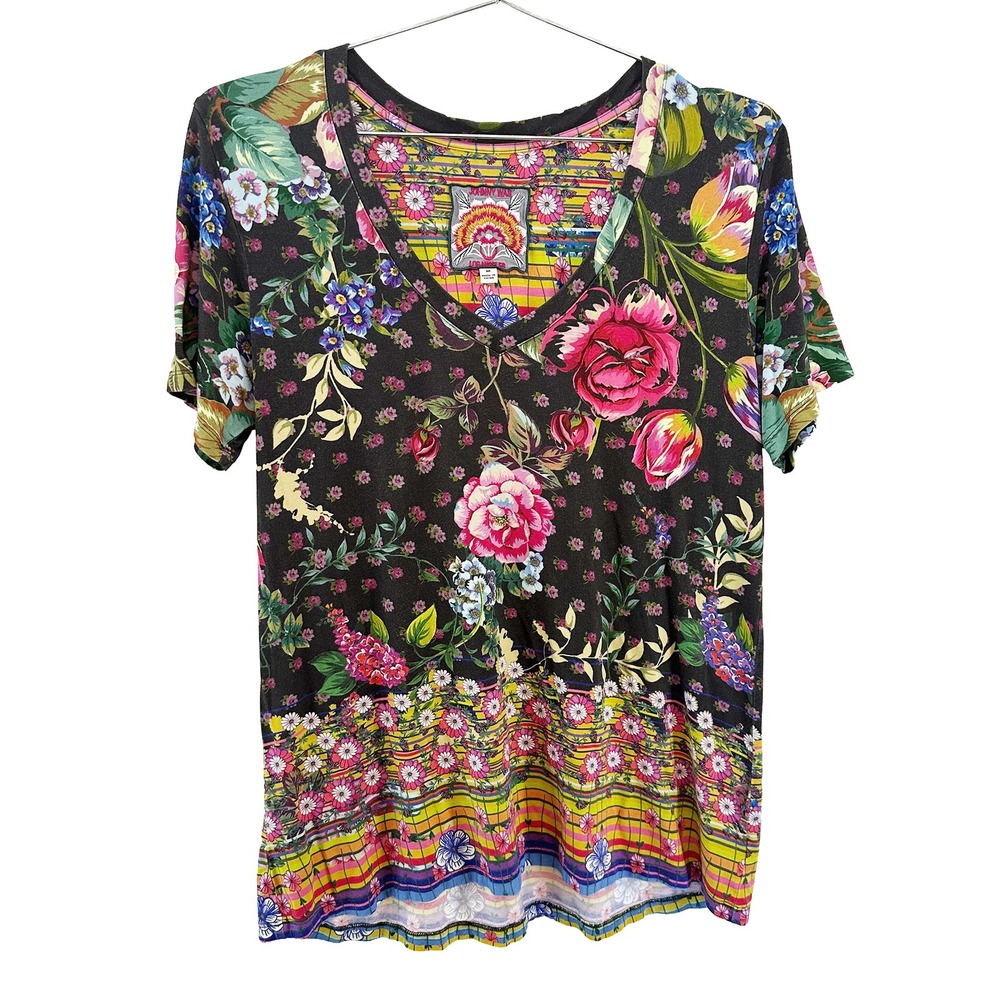 JOHNNY WAS Janie Favorite Boho Floral V-Neck Tee • Medium • gray, multi-color - Picture 7 of 7